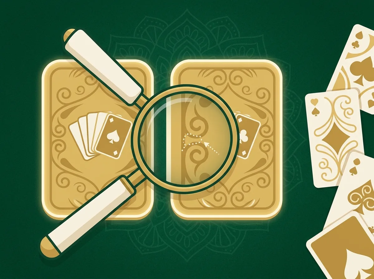 A magnifying glass comparing two nearly identical golden app tiles beside playing cards on green felt, representing how to spot clone rummy apps