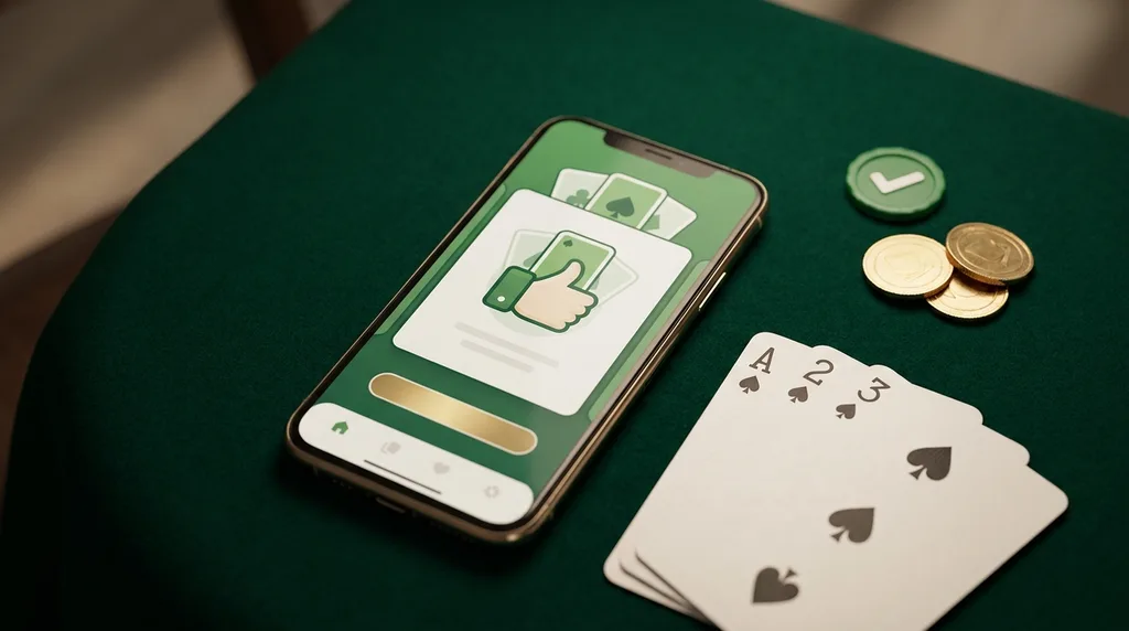 A smartphone on green felt showing a friendly green rummy lobby with a thumbs-up emblem, beside fanned spades, coins and a green tick token