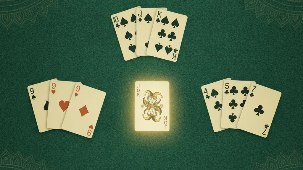A joker playing card highlighted with a golden glow among melded playing cards on green felt