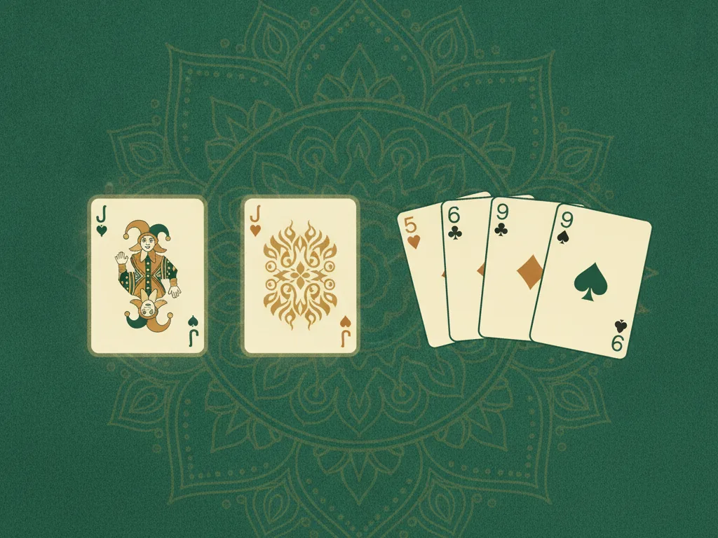 A printed joker card and a wild-card joker each outlined in gold beside a meld of playing cards on green felt