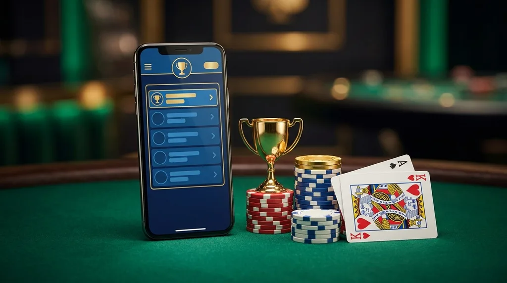 A smartphone on green felt showing a blue and gold rummy lobby with a trophy emblem, beside a golden trophy and podium of stacked chips