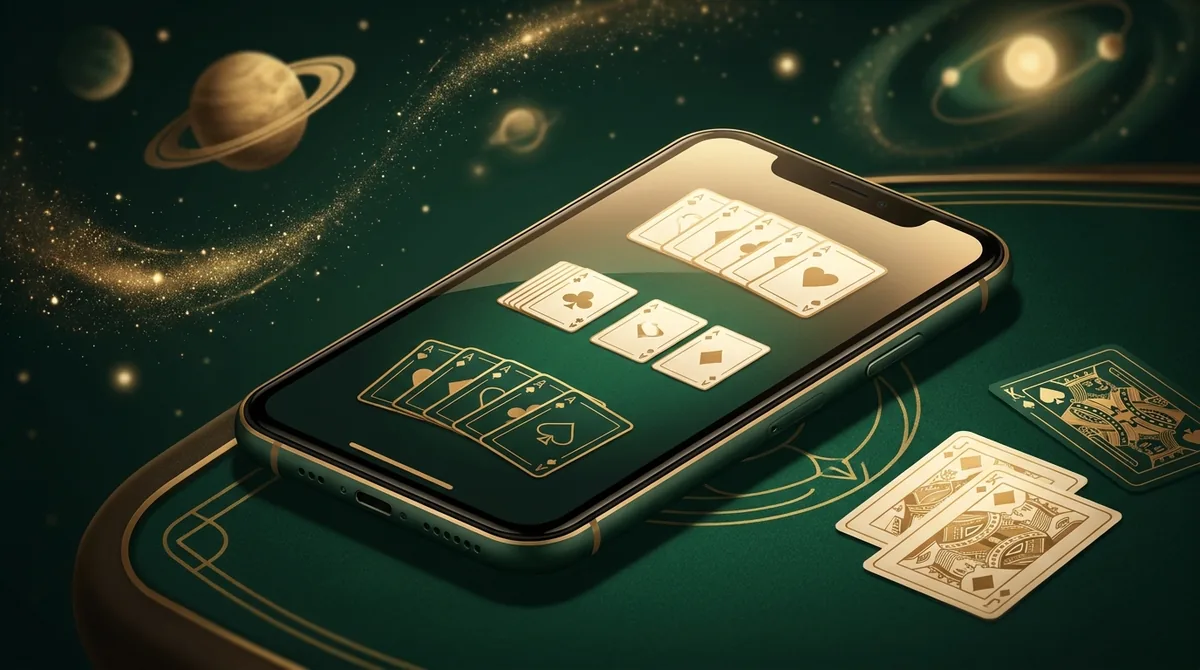 A smartphone showing a rummy game on green felt with a cosmic gold nebula background and playing cards