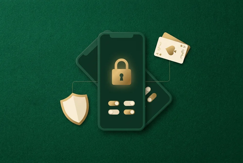 A phone screen with a gold padlock and permission toggle switches beside a shield icon, on green felt