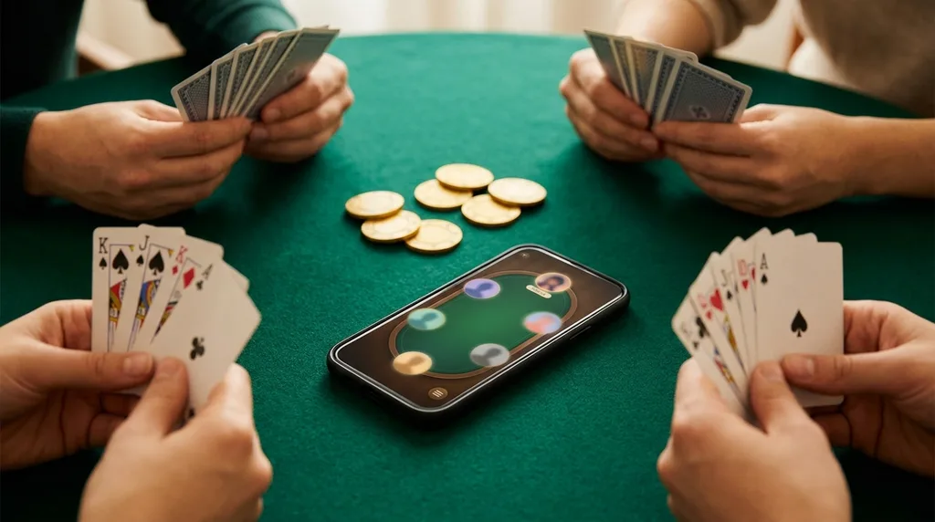 Overhead view of four hands holding cards around a green felt table with a smartphone in the centre showing a rummy table with player avatars