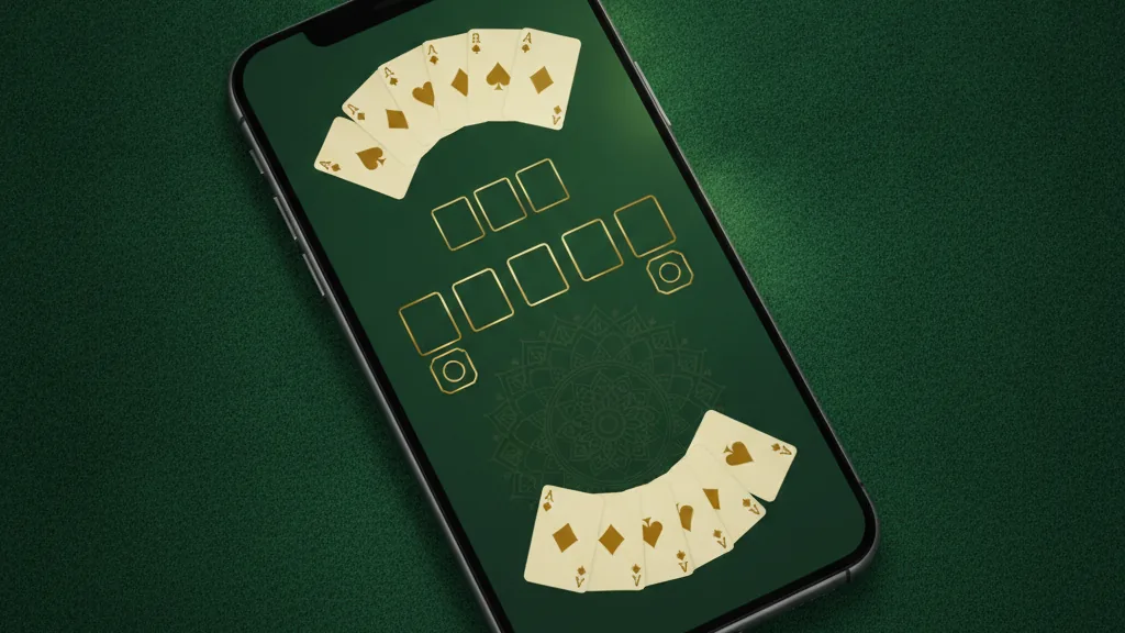 A smartphone showing a clean minimalist 13-card rummy table on green felt with crisp golden UI accents, illustrating the Rummy Modern app