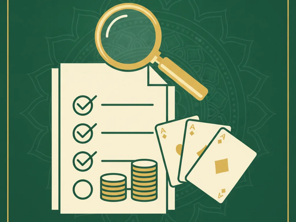 A golden magnifying glass over a checklist with coins beside playing cards on green felt, representing checking a modern rummy app's bonus and withdrawal terms