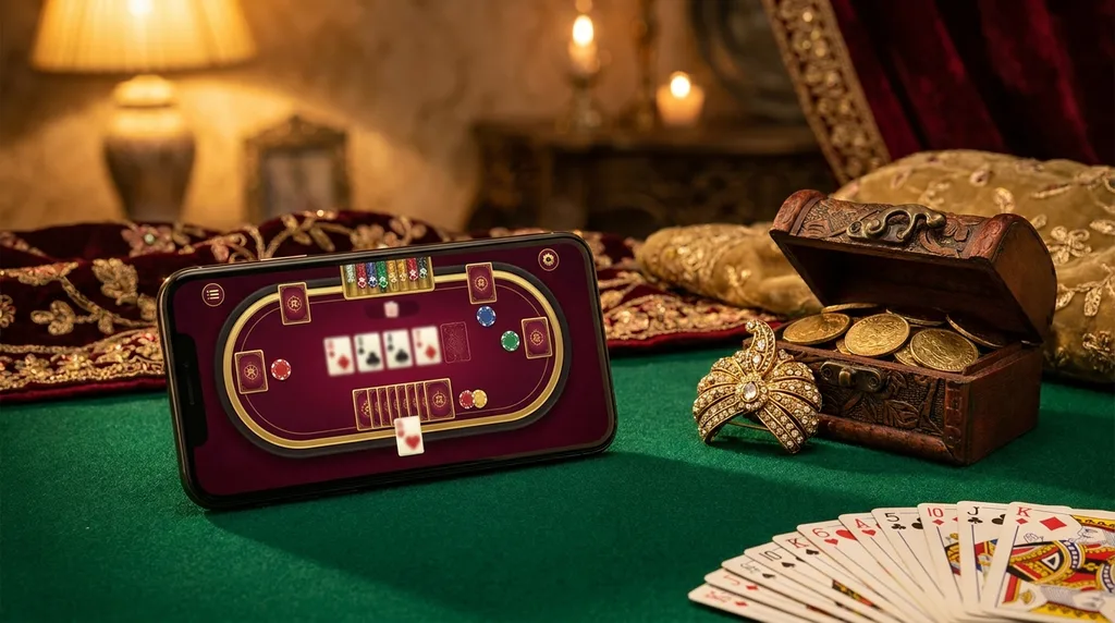 A smartphone on green felt showing a maroon and gold rummy table, beside a golden brooch and a small treasure chest spilling gold coins