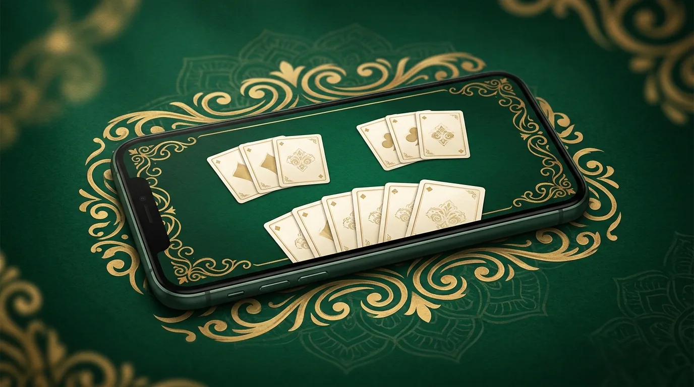 A smartphone showing an ornate 13-card rummy table on green felt with golden flourishes and playing cards, illustrating the Rummy Noble app