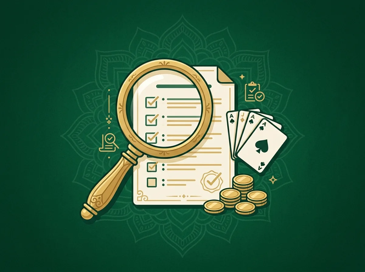 A golden magnifying glass examining a checklist beside playing cards and coins on green felt, representing reviewing bonus and withdrawal terms