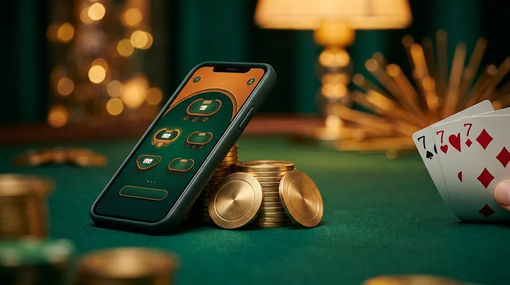 A smartphone propped against golden chips on green felt showing an orange and green rummy lobby, beside three sevens fanned face-up