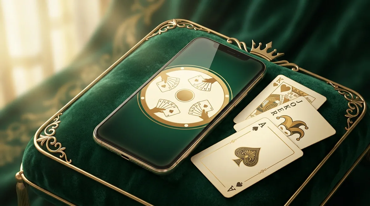 A smartphone showing a rummy game on green velvet with a gold crown ornament and playing cards, a regal premium look