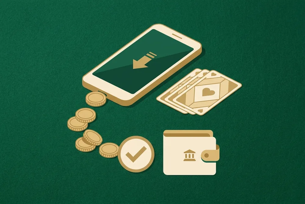Gold coins flowing from a smartphone toward a wallet icon with a checkmark on green felt, representing safe withdrawals