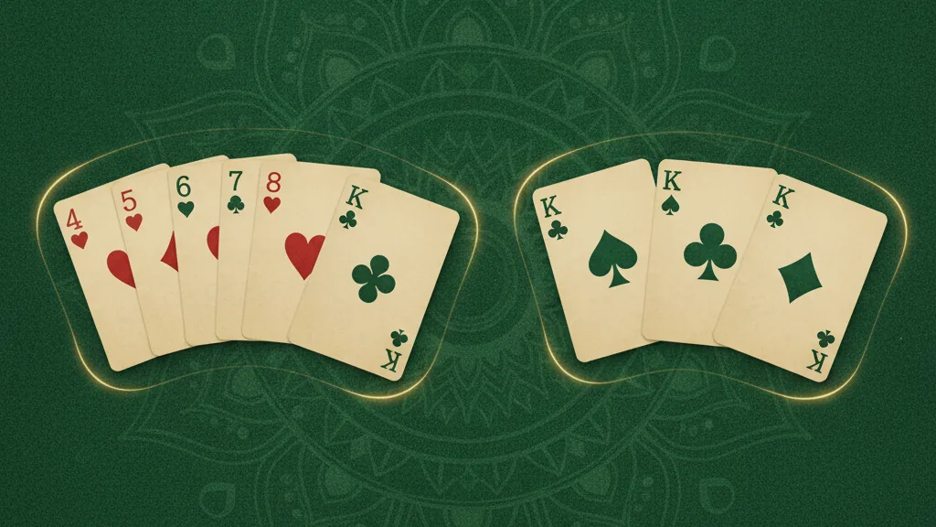 Playing cards arranged into a same-suit run and a same-rank set with golden outlines on green felt