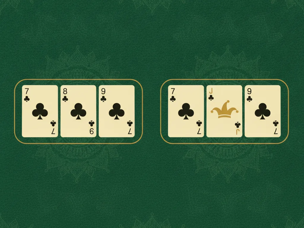 Side-by-side comparison of a pure sequence of three same-suit cards and an impure sequence where one card is a joker, each outlined in gold on green felt