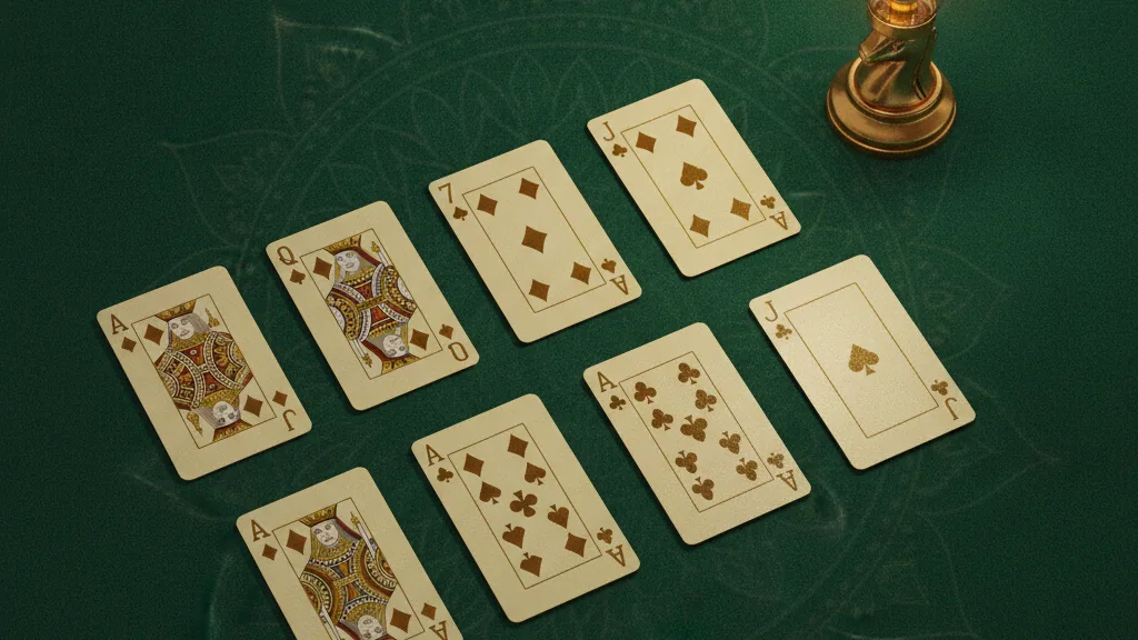 A fanned hand of 13 playing cards arranged into sequences and sets on green felt with a golden lightbulb motif, illustrating smart rummy strategy