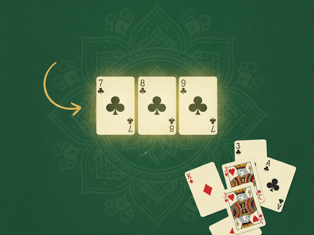 Three same-suit cards arranged in a run and highlighted with a golden glow and arrow, showing the priority of forming a pure sequence