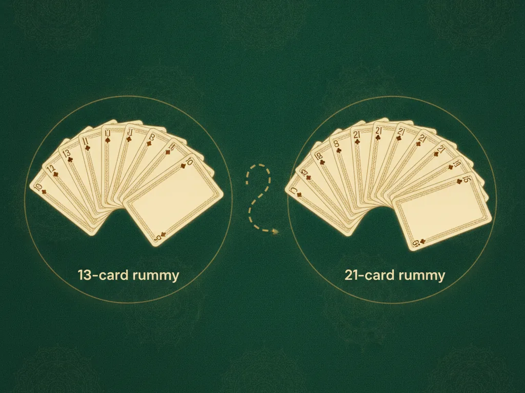 Two fans of playing cards of different sizes outlined in gold on green felt, contrasting 13-card and 21-card rummy