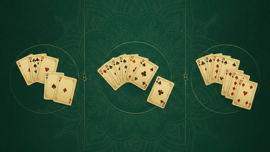 Three grouped arrangements of playing cards on green felt with golden dividing accents, representing different rummy formats