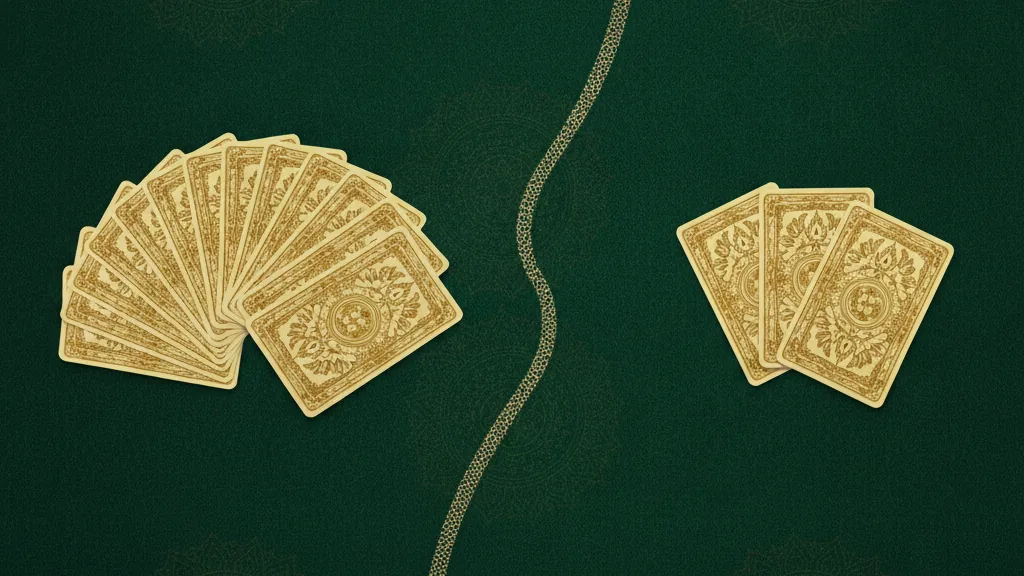 A fanned rummy hand on the left and three teen patti cards on the right separated by a golden divider on green felt