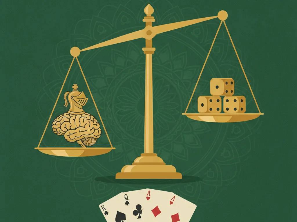 A golden balance scale weighing a brain motif against dice beside playing cards on green felt, contrasting skill and chance