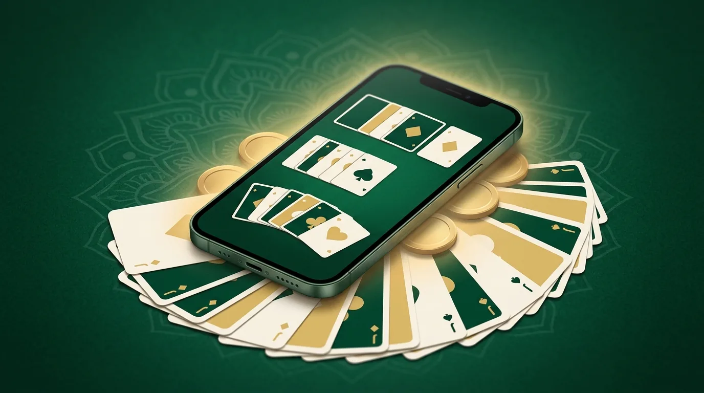 A smartphone showing a 13-card rummy table on green felt surrounded by playing cards and gold coins, illustrating the Rummy Wealth app