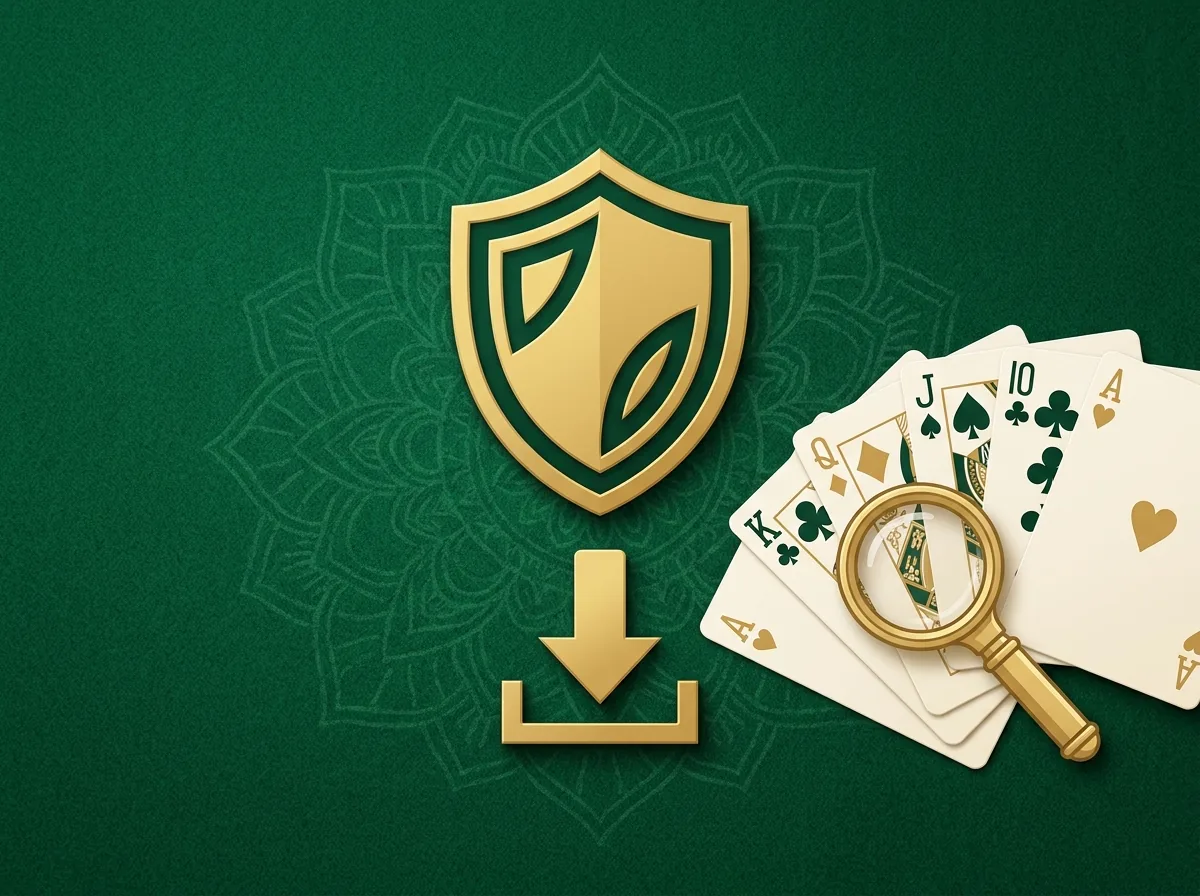 A golden security shield, a download icon and a magnifying glass over playing cards on green felt, representing safety checks before installing a rummy app