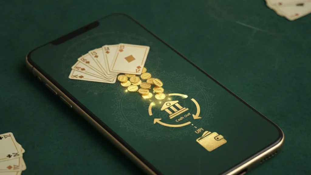 A smartphone showing a rummy table on green felt with golden coins flowing into a bank wallet icon, illustrating a rummy withdrawal