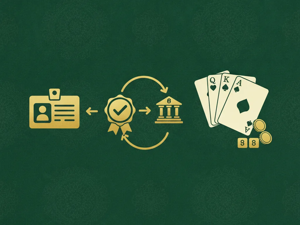 A golden identity card, a verification check badge and a bank icon linked by an arrow beside playing cards and coins on green felt, showing the KYC and withdrawal flow