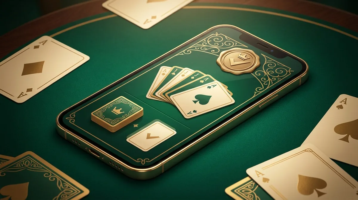 A smartphone showing a clean professional rummy interface on a polished green felt table with a gold quality seal