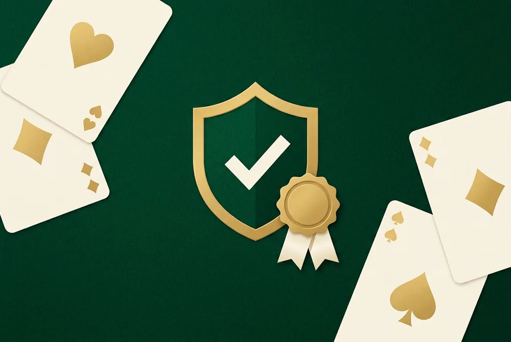 A gold shield with a checkmark and a certified seal beside playing cards on green felt, representing certification and trust