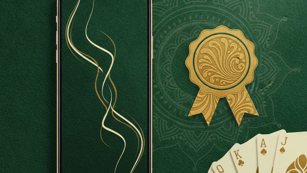 A smartphone showing a polished 13-card rummy table on green felt beside a golden certification ribbon and playing cards, illustrating a RummyCulture review