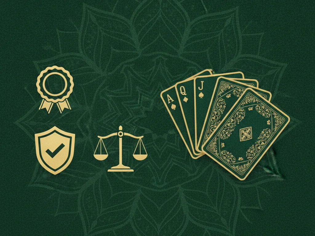 A golden certificate seal, a security shield with a check mark and a balance scale beside playing cards on green felt, representing trust signals for a regulated rummy app