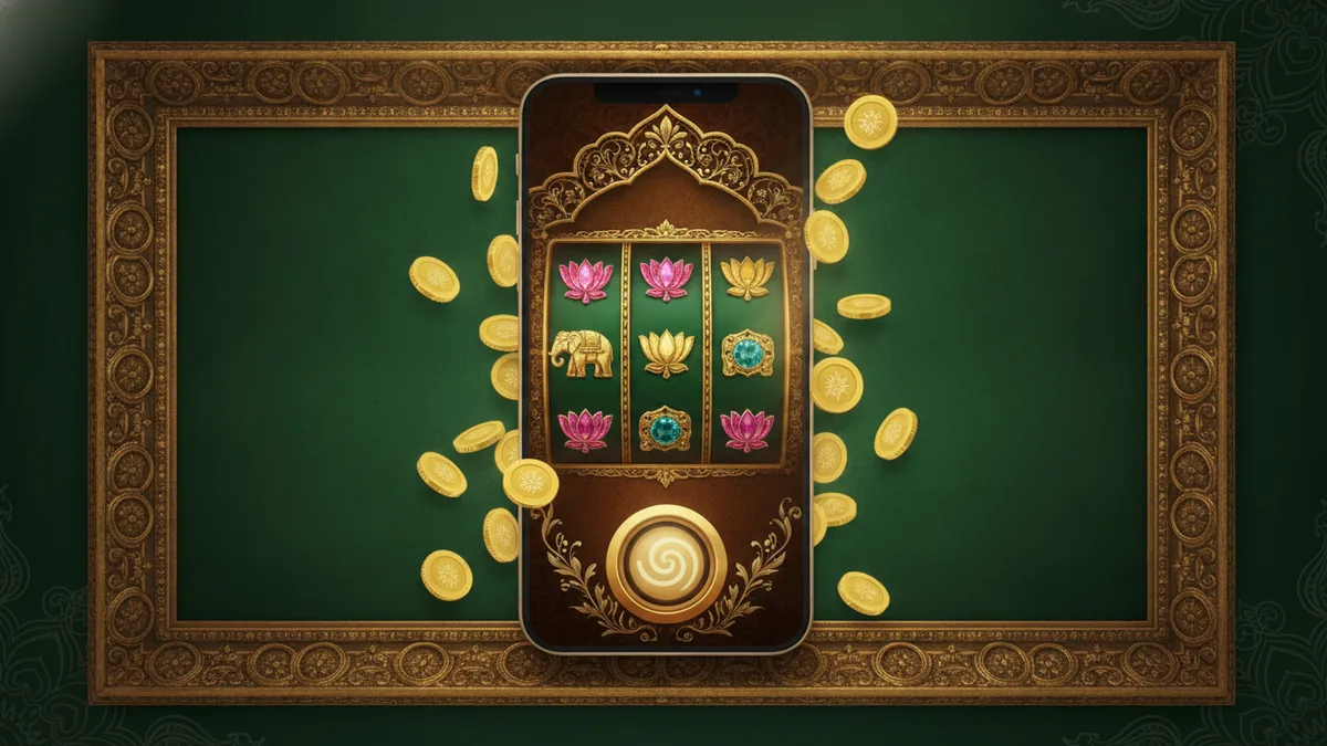 A smartphone showing an ornate themed video slot machine with five reels of jewels and gold symbols and a spin button on green felt