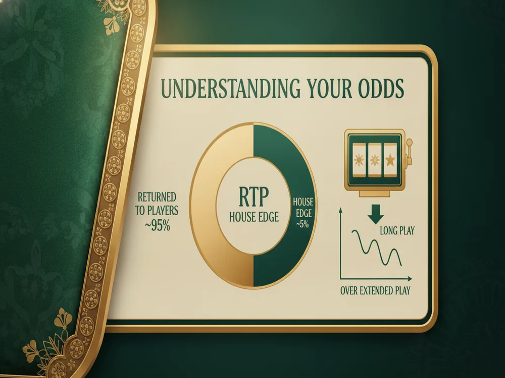 Donut chart explaining slot RTP and house edge: about 95 percent returned to players, about 5 percent house edge, with a downward trend over long play