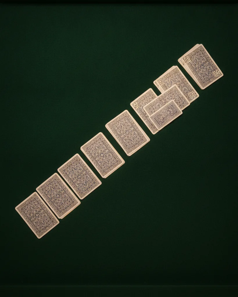 Shanghai Rummy 7 rounds contract ladder chart: Round 1 two sets of three, Round 2 one set plus a run of four, Round 3 two runs of four, Round 4 three sets, Round 5 two sets plus a run, Round 6 one set plus two runs, Round 7 three runs of four with no discard, illustrated with example card melds
