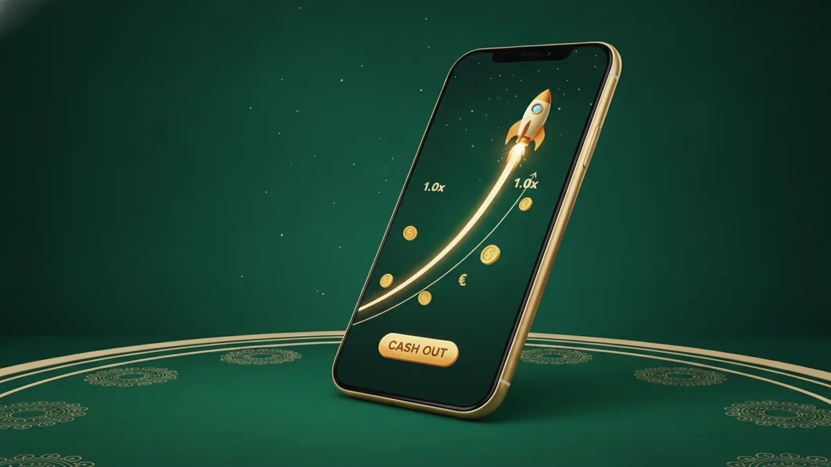A smartphone showing a crash betting game with a rocket climbing a rising multiplier curve and a cash-out button against a dark emerald sky