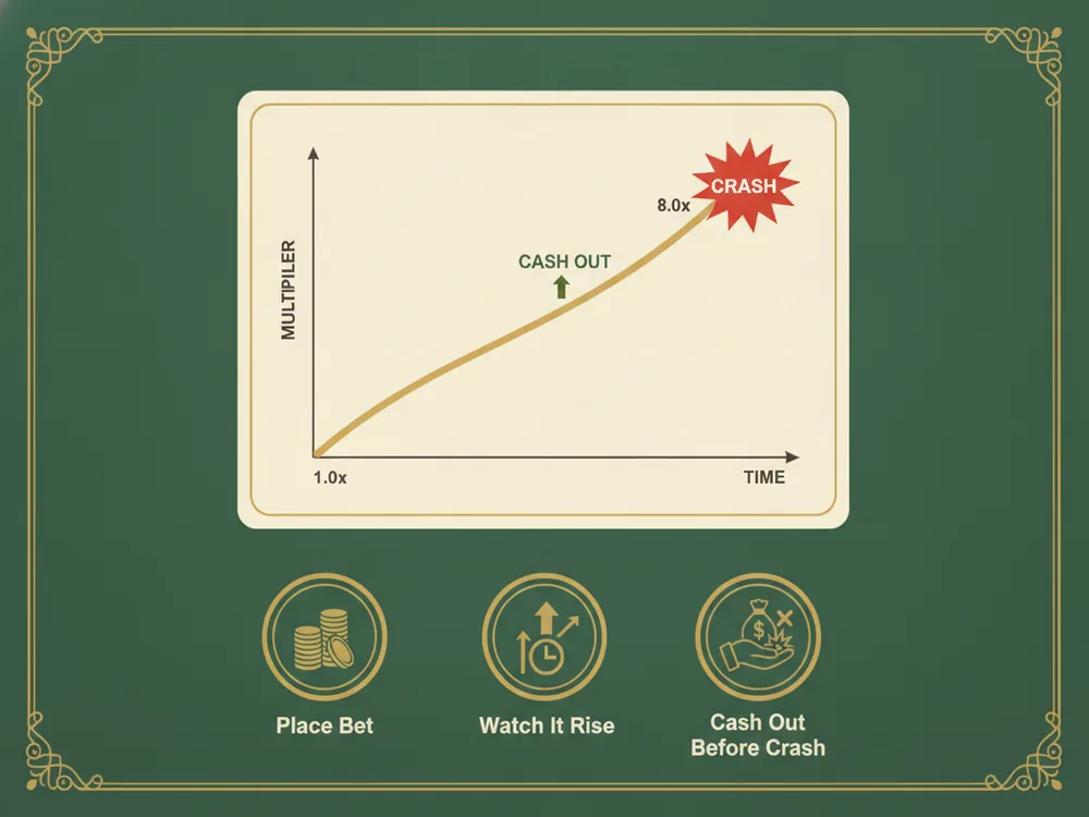 Diagram of a crash game: a multiplier curve rising from 1.0x to about 8x then crashing, with a cash-out marker on the way up and three steps: place bet, watch it rise, cash out before crash