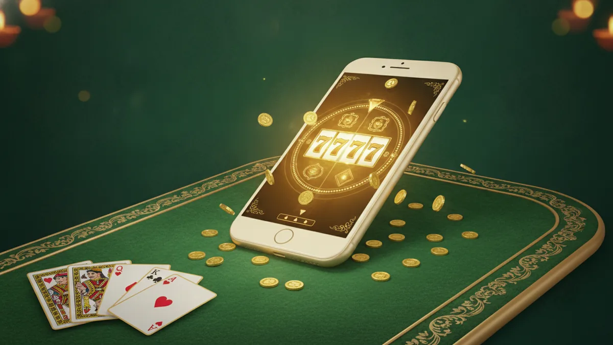 A smartphone showing a glowing lucky spin slot wheel and 777 reels with gold coins, plus small rummy and teen patti cards