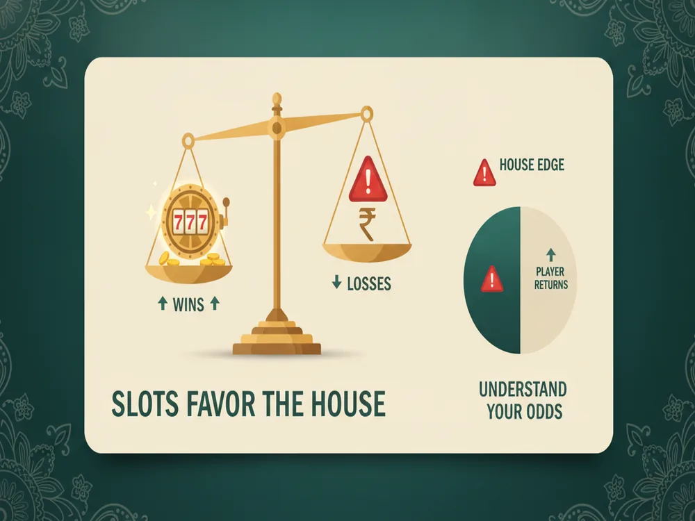 Infographic of a balance scale showing slot wins lighter than losses, with a house-edge pie chart, illustrating slots favour the house