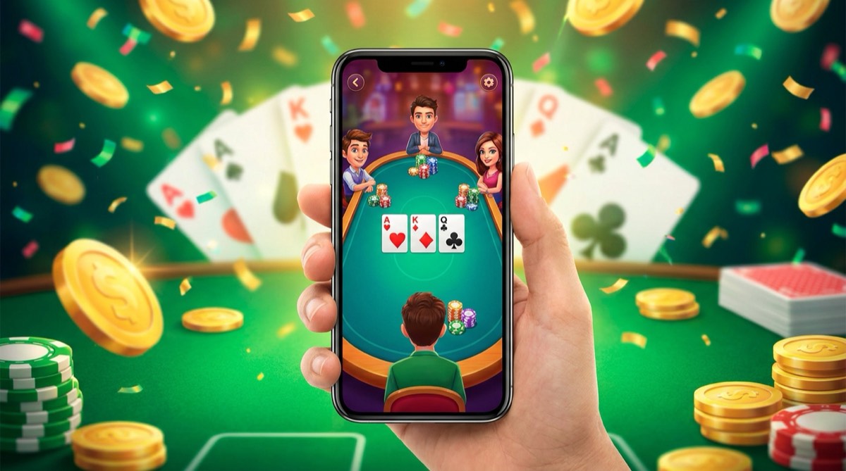 A hand holding a smartphone showing a colourful live 3 Patti multiplayer card table with avatars, chips and three cards