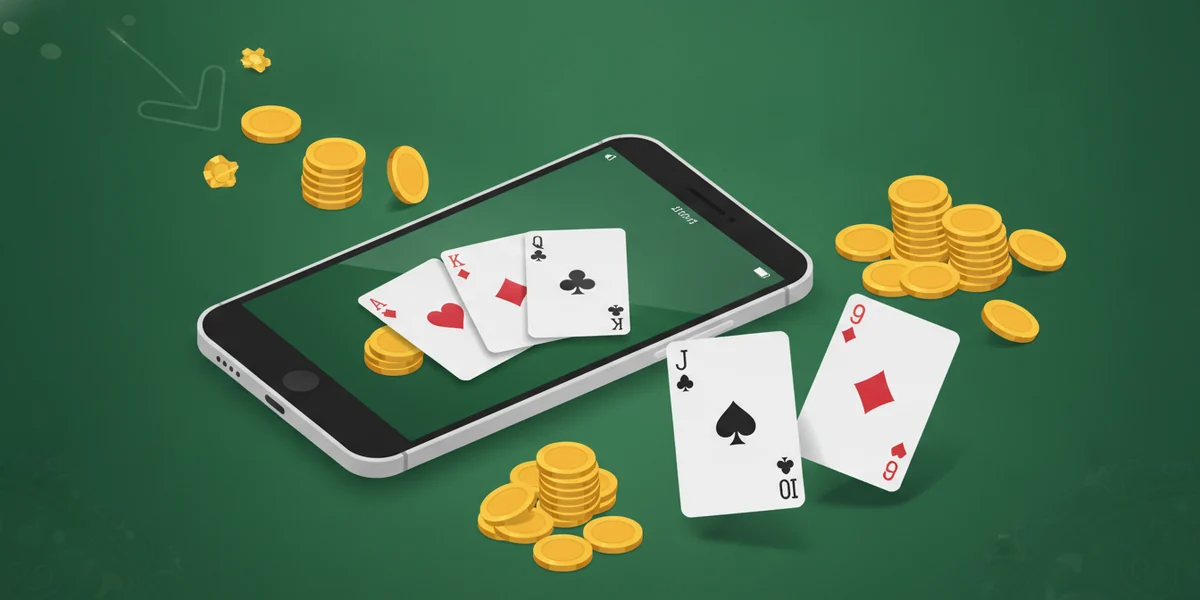 A smartphone on a green felt table showing a Teen Patti card game, with cards and gold chips around it
