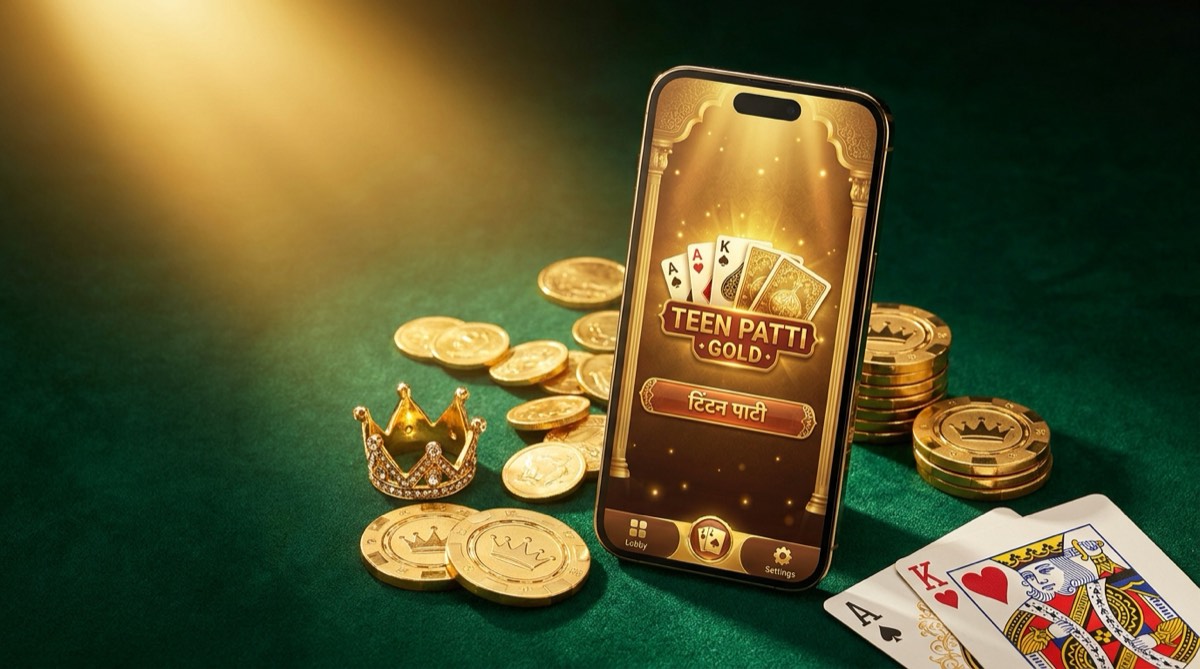 A smartphone showing a golden Teen Patti Gold game lobby on green felt with gold coins and chips