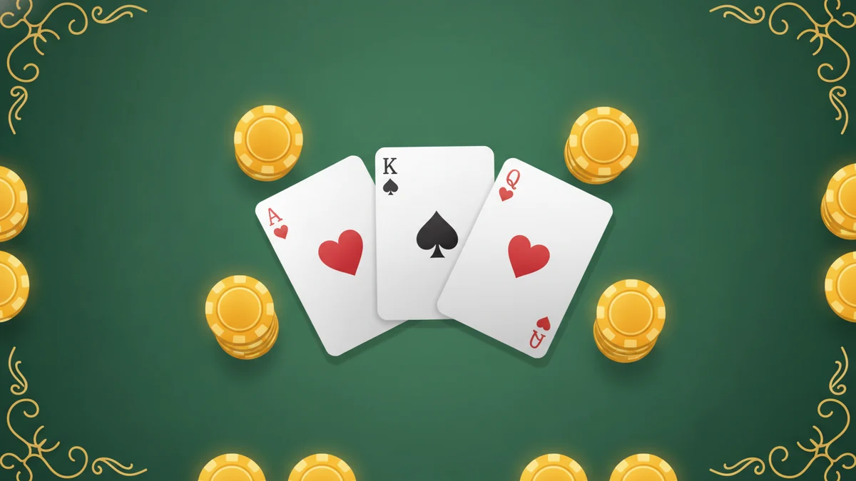 Three face-up playing cards fanned in the centre of a green felt table surrounded by stacks of gold betting chips