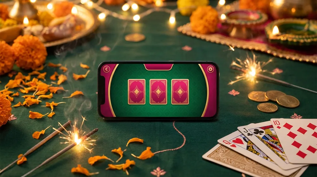 A smartphone on green felt showing a pink and gold Teen Patti table, surrounded by marigold petals, glowing sparklers, coins and fanned cards