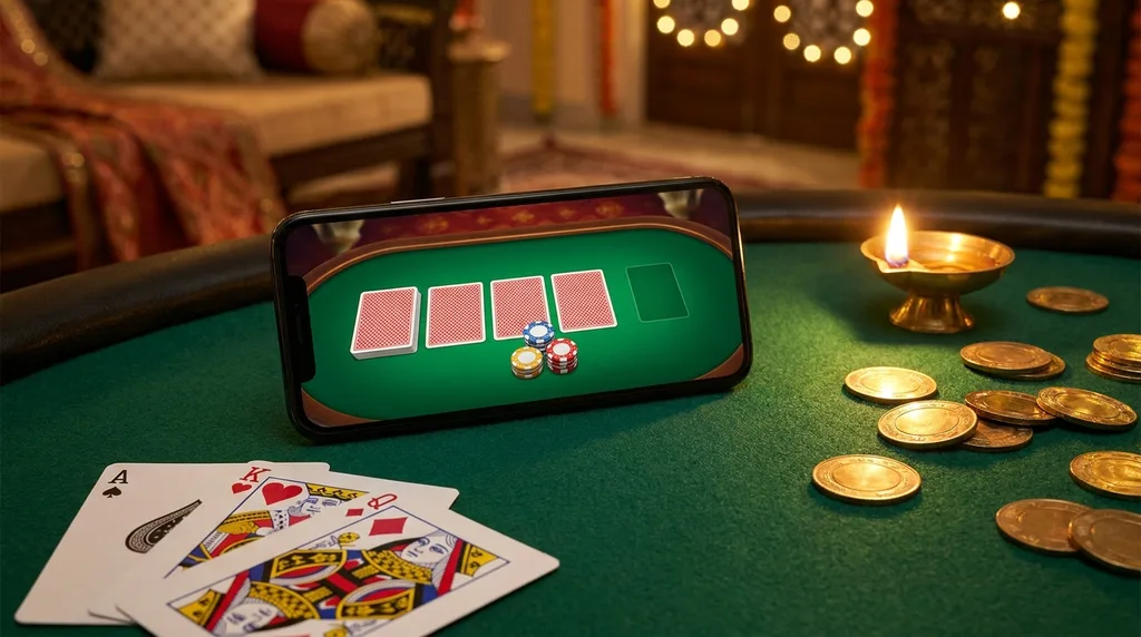 A smartphone on a green felt table showing a Teen Patti game with face-down cards and chips, beside fanned playing cards and a glowing brass diya