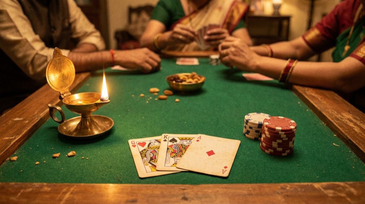 A classic Teen Patti hand of Ace, King, Queen on a green baize table with a glowing brass diya lamp and casino chips, evoking a Diwali family card night