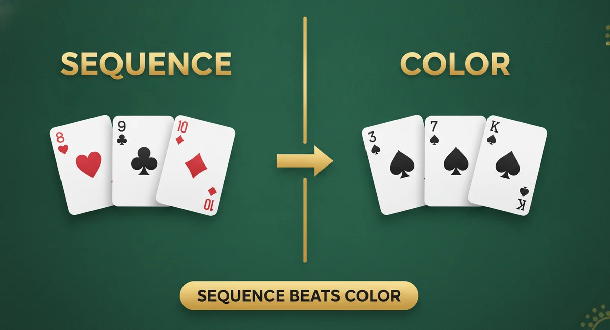Comparison showing a mixed-suit sequence (8 of hearts, 9 of clubs, 10 of diamonds) beating a same-suit color (3, 7 and King of spades) in Teen Patti