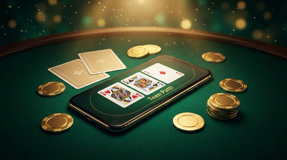 A smartphone on a green felt table showing a Teen Patti Star card game with golden chips and a starry glow