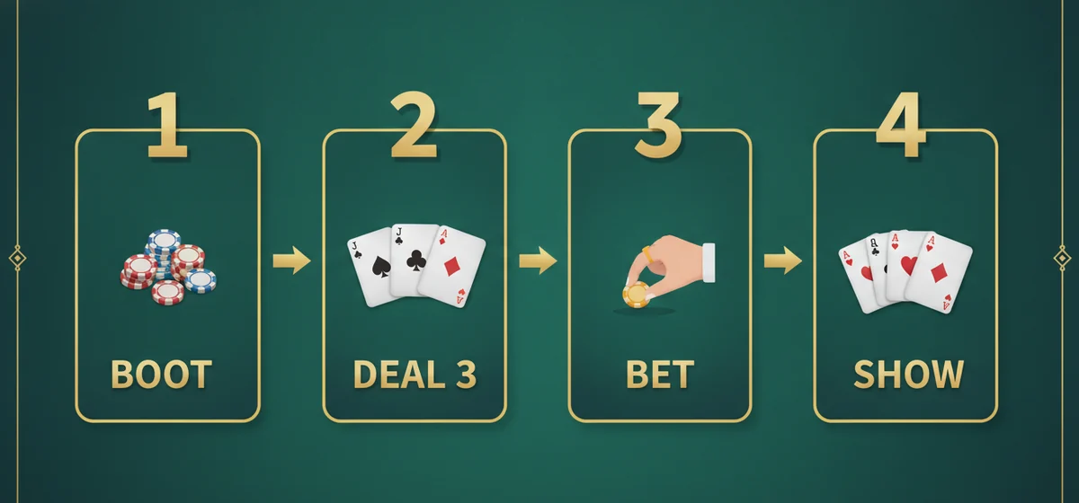 Four-step Teen Patti round diagram: 1 boot into the pot, 2 deal three cards each, 3 bet blind or chaal, 4 show down