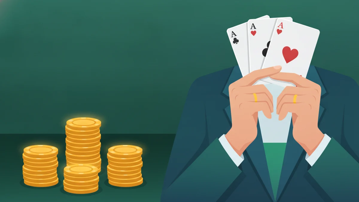 A well-dressed Teen Patti player holding three aces close to the chest beside stacks of gold chips